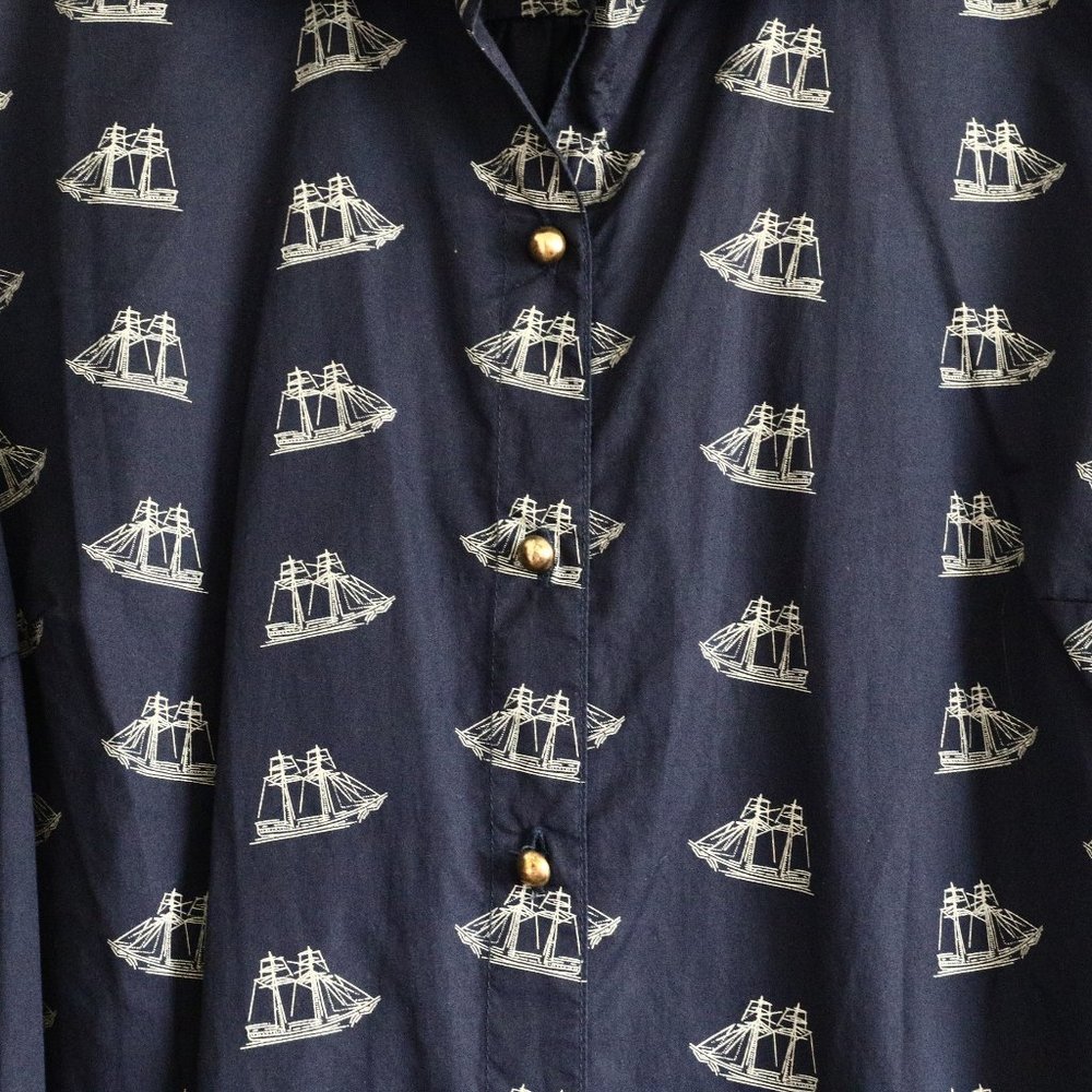Tommy Hilfiger Shirtdress Button Down Shirt Dress Blue 100% Cotton Sailing Ship - Picture 4 of 7